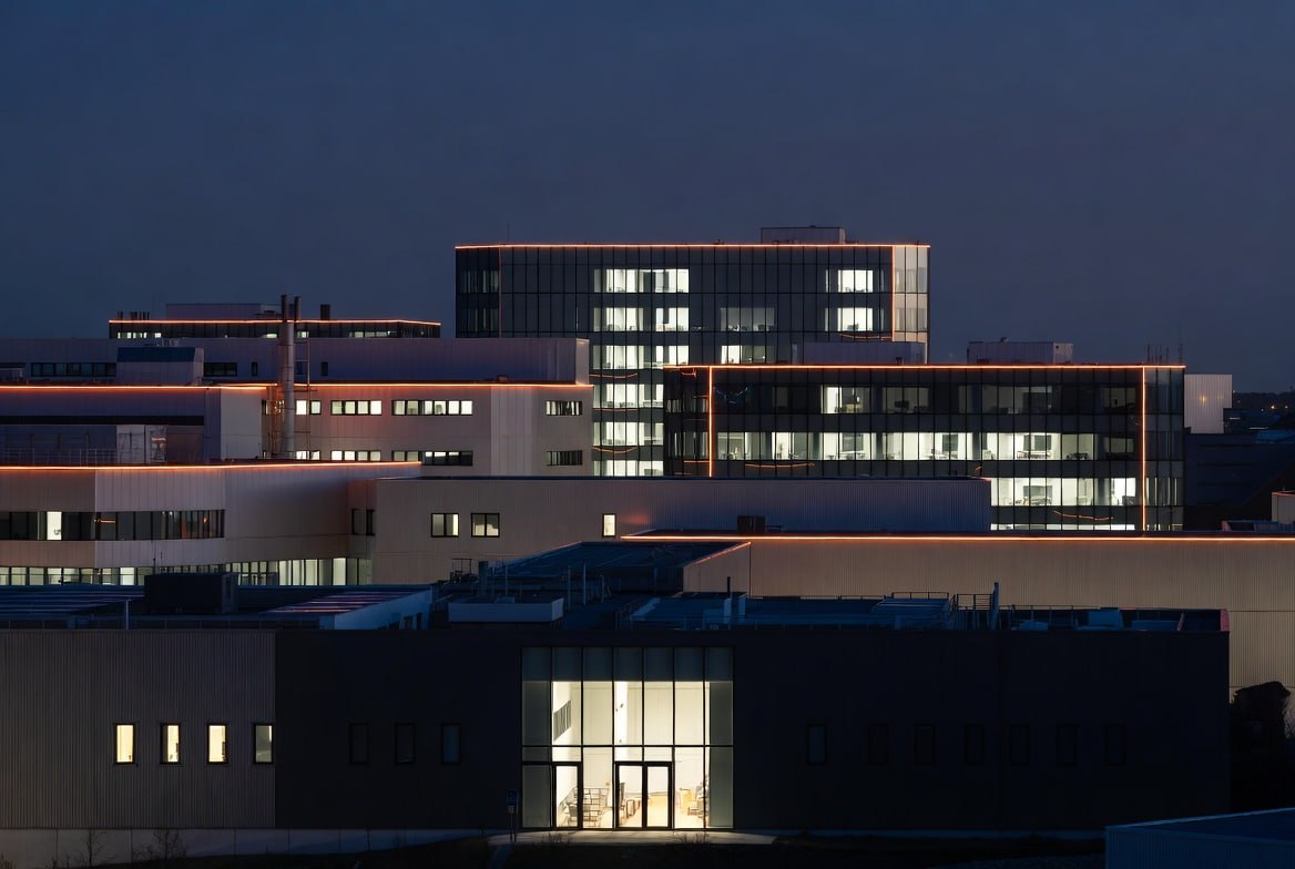 Modern data centre complex at night